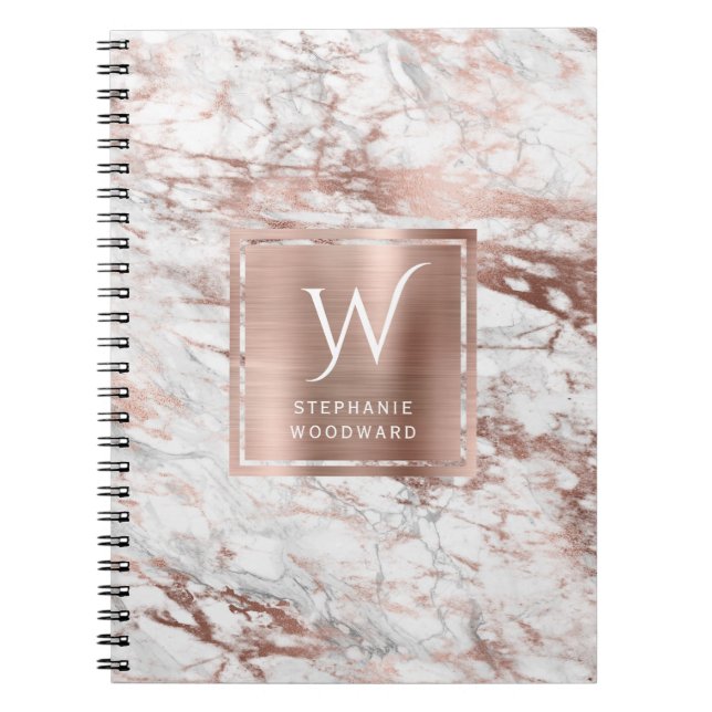Elegant White Rose Gold Marble Monogram Notebook (Front)