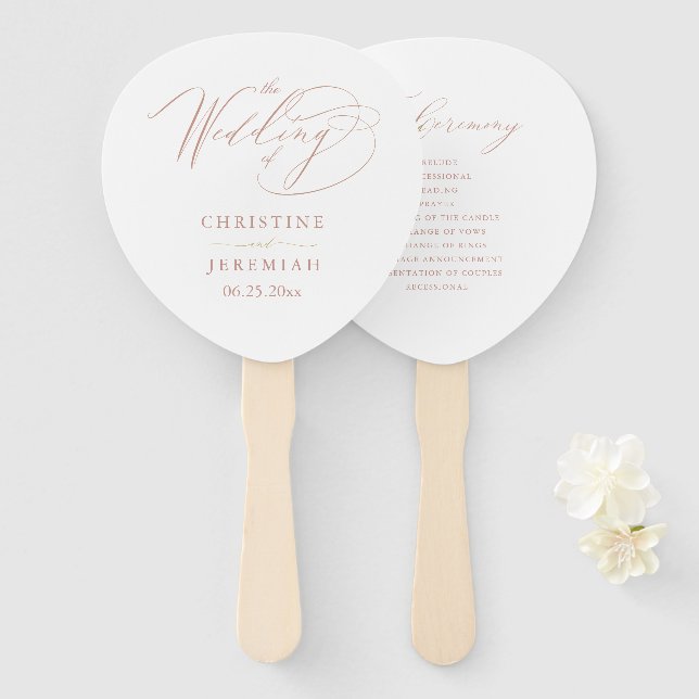Elegant White Rose Gold Script Wedding Program Hand Fan (Front and Back)