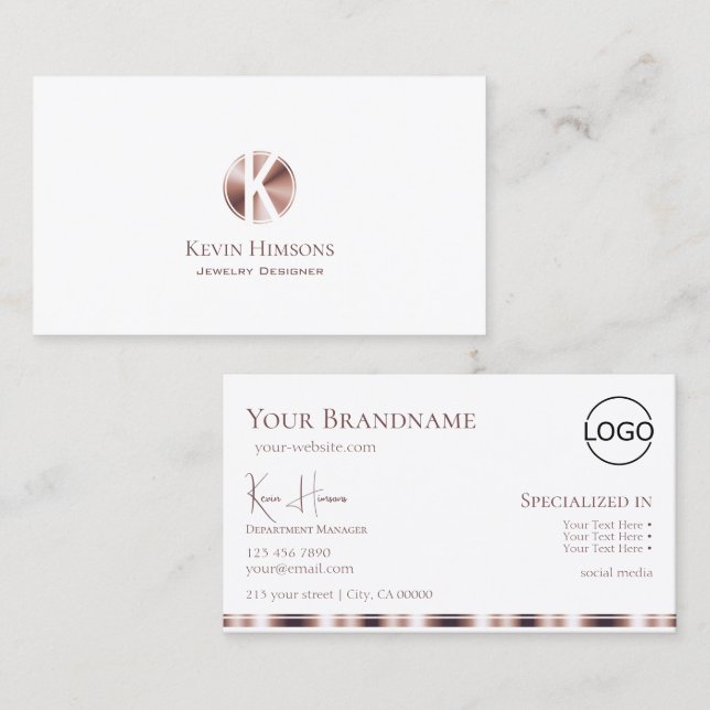 Elegant White Rose Gold with Monogram and Logo Business Card (Front/Back)