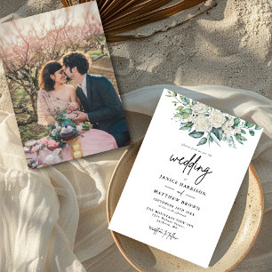 Elegant White Rose Greenery Floral Photo Wedding Invitation