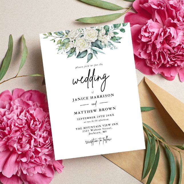 Elegant White Rose Greenery Floral Wedding Invitation (Creator Uploaded)