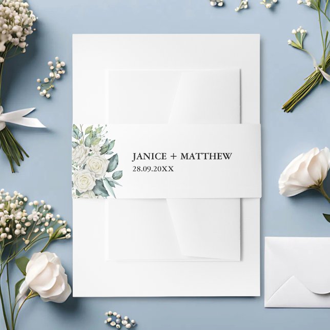 Elegant White Rose Greenery Floral Wedding Invitation Belly Band (Creator Uploaded)