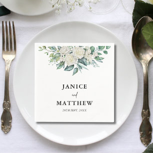 Elegant White Rose Greenery Floral Wedding Napkin