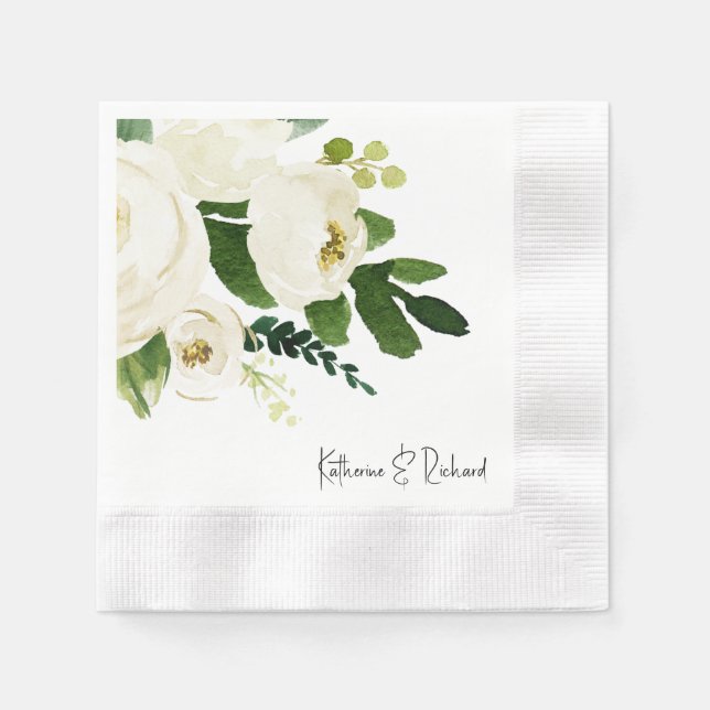 Elegant White Rose Personalized Wedding Cocktail Napkin (Front)