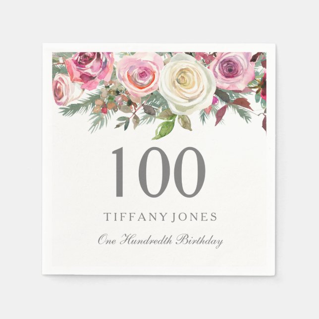 Elegant White Rose Pink Floral 100th Birthday Napkin (Front)