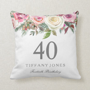 Elegant White Rose Pink Floral 40th Birthday Throw Pillow