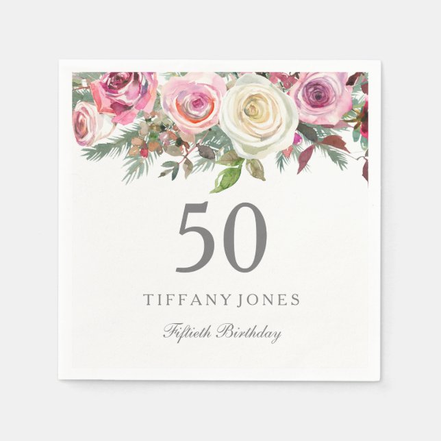 Elegant White Rose Pink Floral 50th Birthday Napkin (Front)