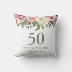 Elegant White Rose Pink Floral 50th Birthday Throw Pillow