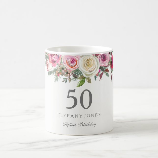 Elegant White Rose Pink Floral 70th Birthday Coffee Mug (Center)