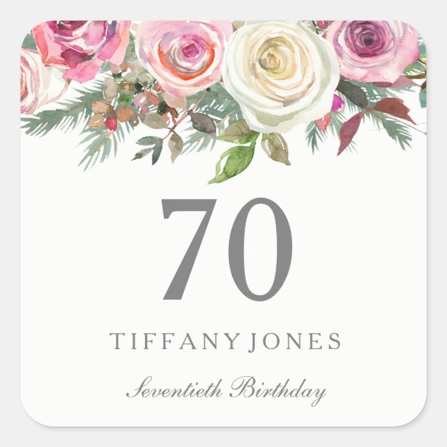 Elegant White Rose Pink Floral 70th Birthday Square Sticker (Front)