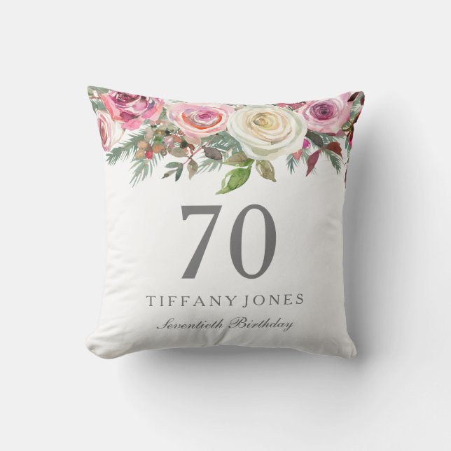 Elegant White Rose Pink Floral 70th Birthday Throw Pillow (Front)
