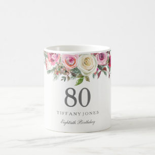 Elegant White Rose Pink Floral 80th Birthday Coffee Mug