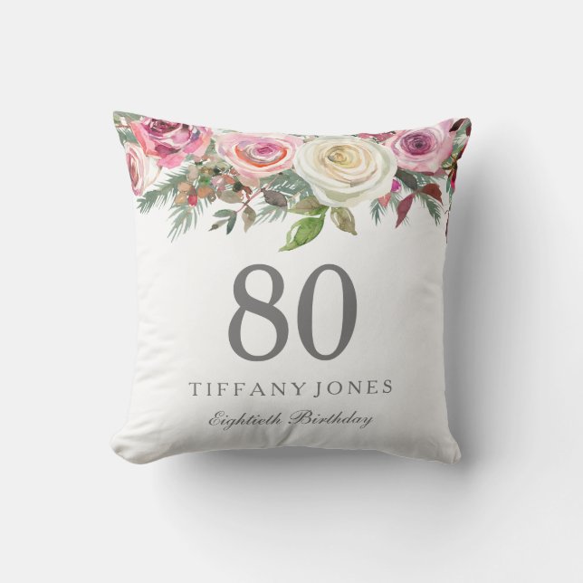 Elegant White Rose Pink Floral 80th Birthday Throw Pillow (Front)