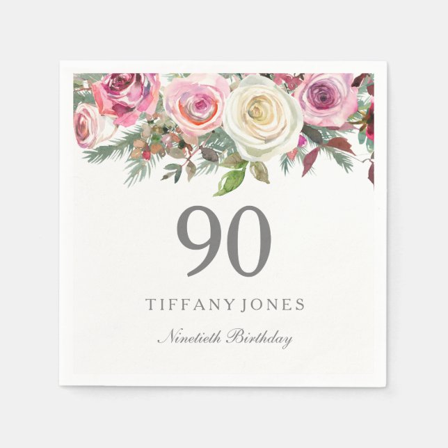 Elegant White Rose Pink Floral 90th Birthday Napkin (Front)