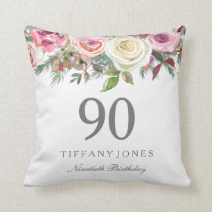 Elegant White Rose Pink Floral 90th Birthday Throw Pillow