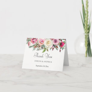 Elegant White Rose Pink Floral Wedding Thank You Card