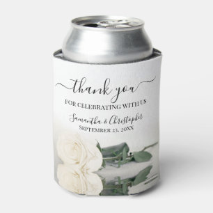 Elegant White Rose Romantic Wedding Thank You Can Cooler