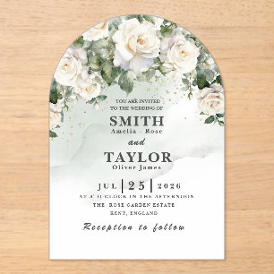 Elegant White Rose  Sage Green Wedding Invitation 
