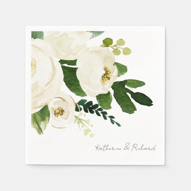 Elegant White Rose Script Personalized Cocktail  Napkin (Front)