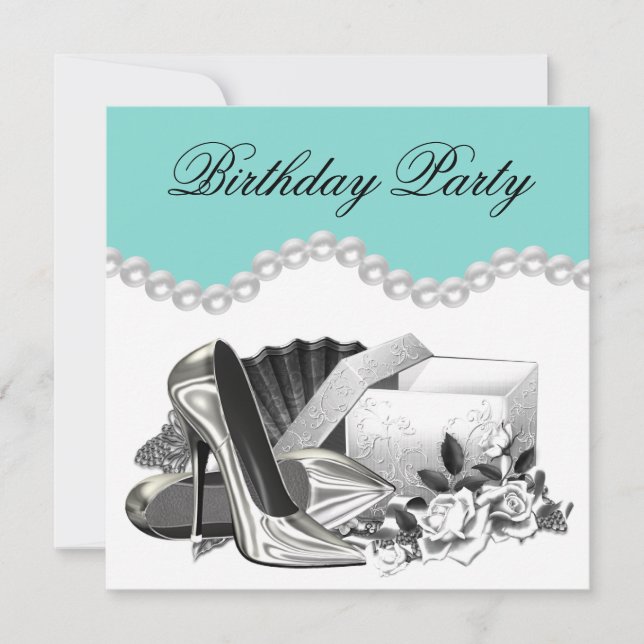 Elegant White Rose Teal Blue Birthday Party Invitation (Front)