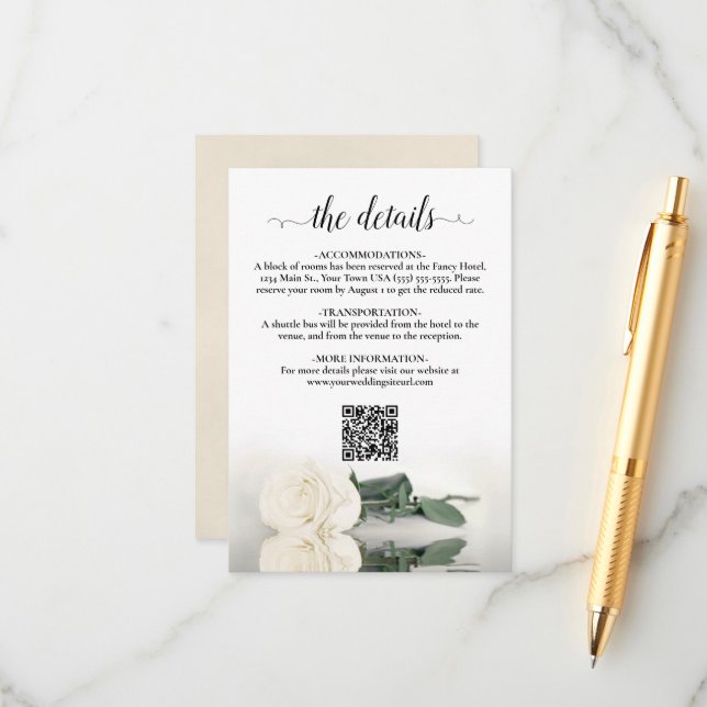 Elegant White Rose Wedding Details QR Code Enclosure Card (Front/Back In Situ)