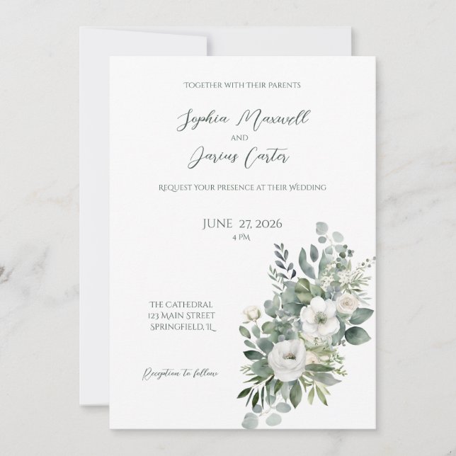 Elegant White Rose Wedding Invitation (Front)