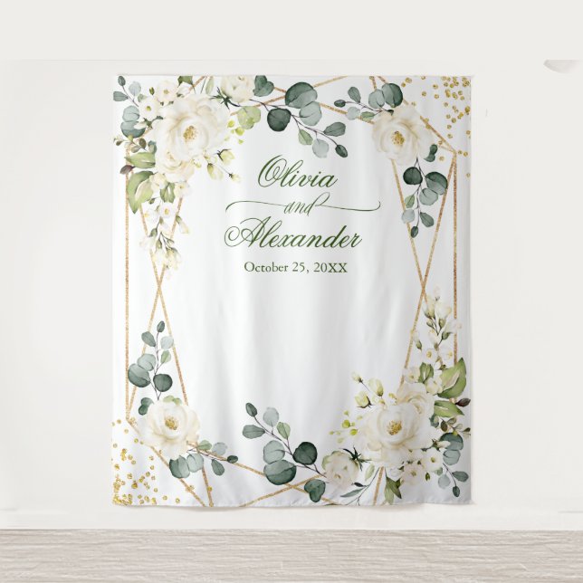 Elegant White Rose Wedding Photo Booth Backdrop Tapestry (Front)