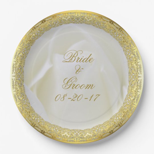 Elegant White Rose with Gold Lace Paper Plate