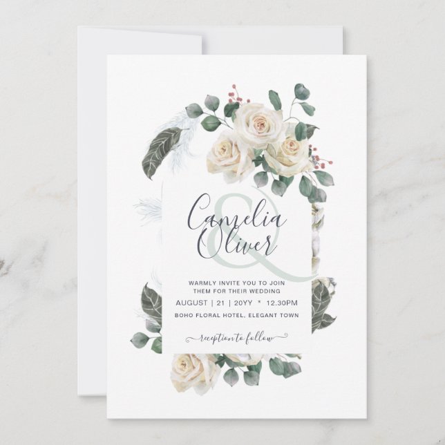 Elegant White Roses Ampersand Floral Arch Wedding  Invitation (Front)