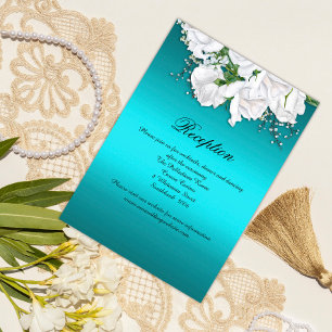 Elegant White Roses and Aqua Wedding Reception Enclosure Card