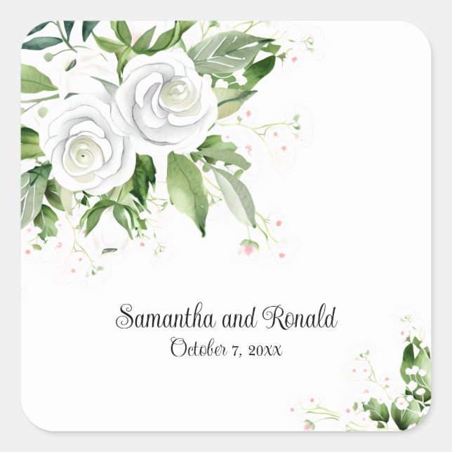 Elegant White Roses and Baby's Breath Wedding Square Sticker (Front)