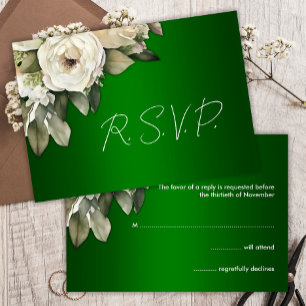 Elegant White Roses and Emerald Green RSVP Card