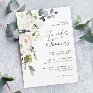 Elegant White Roses and Hydrangeas Floral Wedding Invitation
