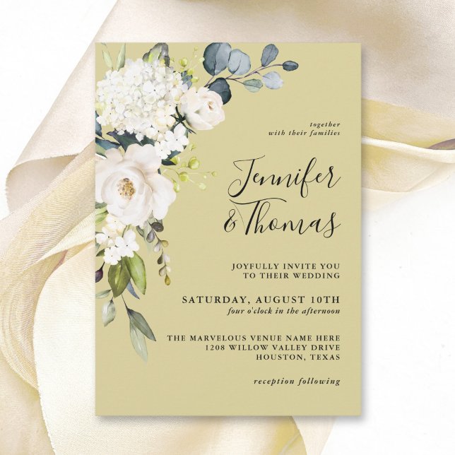 Elegant White Roses and Hydrangeas on Gold Invitation (Creator Uploaded)