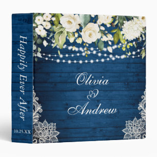 Elegant White Roses and Lace Rustic Wood Wedding Binder