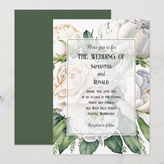 Elegant White Roses and Peonies Wedding Invitation (Front/Back)