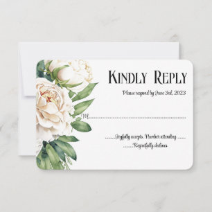 Elegant White Roses and Peonies Wedding RSVP Card