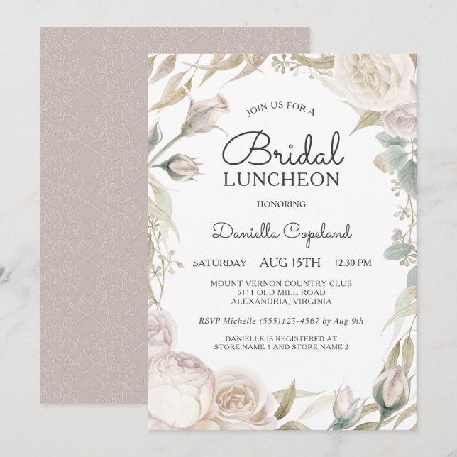 Elegant White Roses Bridal Luncheon Invitation (Front/Back)