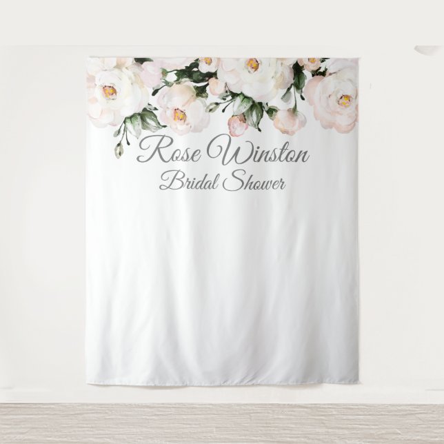 Elegant White Roses Bridal Shower Backdrop Tapestry (Front)