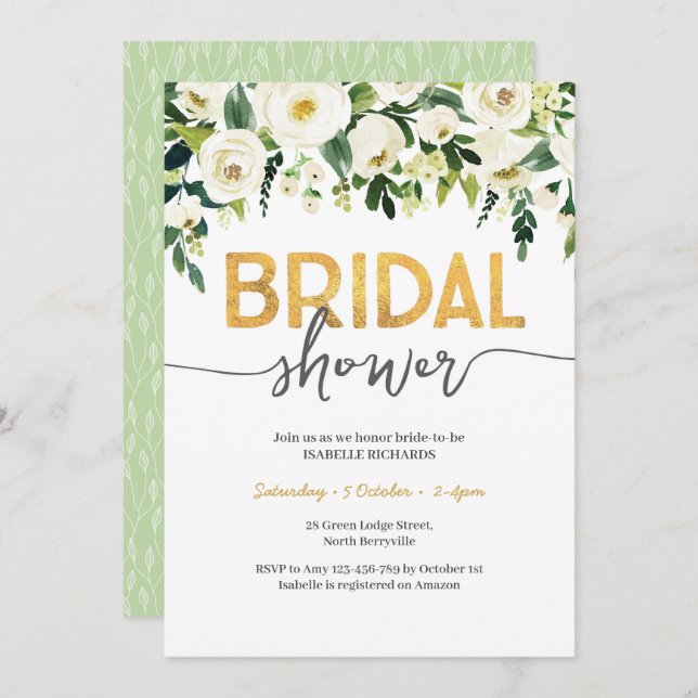 Elegant White Roses Bridal Shower Invitation (Front/Back)