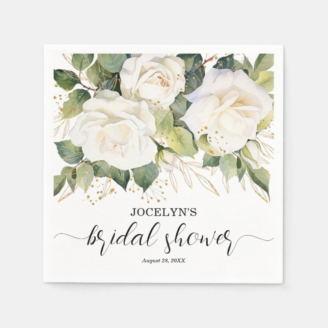 Elegant White Roses Bridal Shower Napkin (Front)