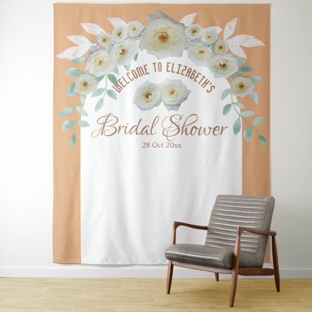 Elegant white roses bridal shower script floral tapestry (In Situ)