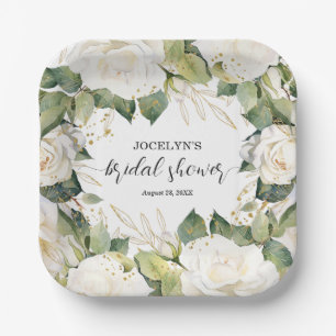Elegant White Roses Bridal Shower Square Paper Plate
