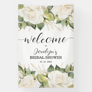 Elegant White Roses Bridal Shower Welcome Banner