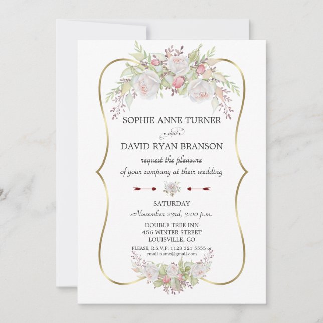 Elegant White Roses Burgundy Gold Frame Wedding Invitation (Front)