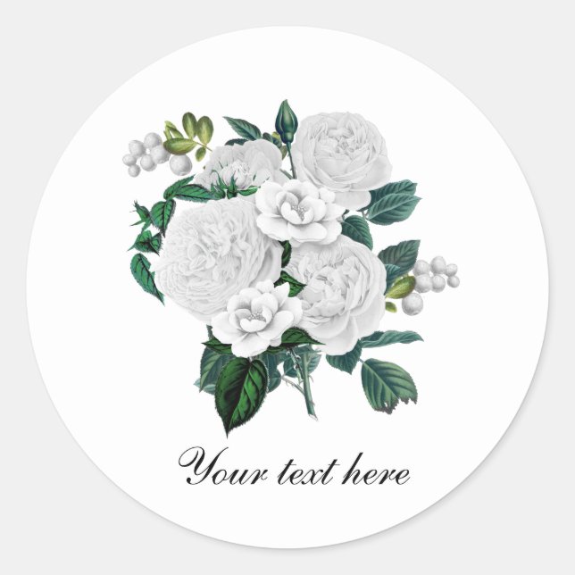 Elegant white roses customizable classic round sticker (Front)