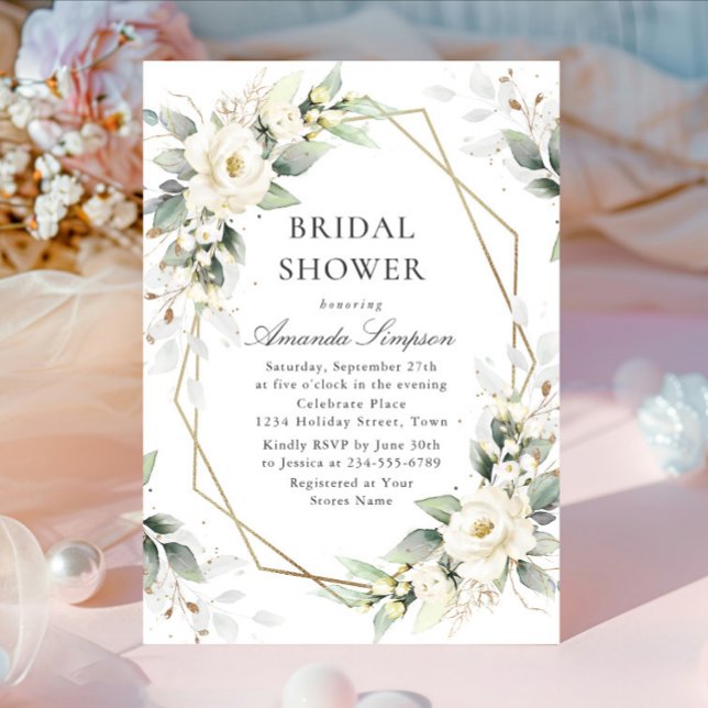 Elegant White Roses Eucalyptus Bridal Shower Invitation (Creator Uploaded)