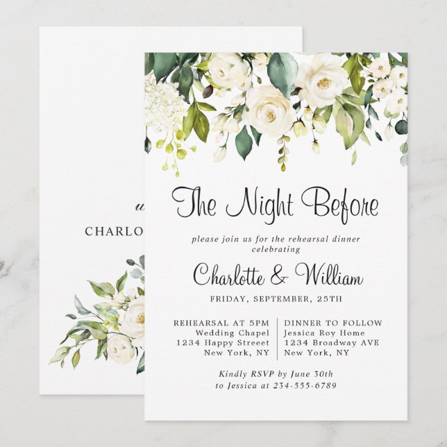Elegant White Roses Eucalyptus REHEARSAL DINNER Invitation (Front/Back)
