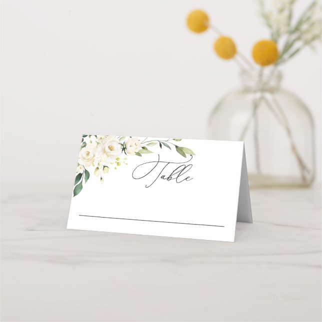 Elegant White Roses Eucalyptus Wedding Place Card (Front)