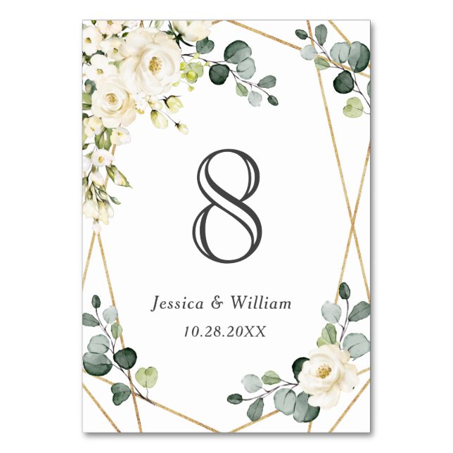 Elegant White Roses Eucalyptus Wedding Table Number (Front)